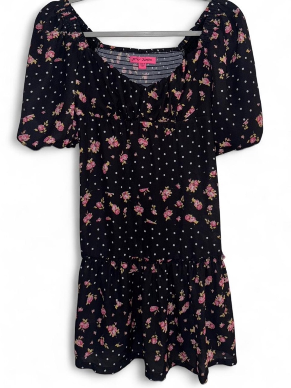 Betsey Johnson Black Pink Floral & White Polka Dot Puff-Sleeve Tunic